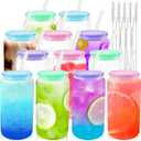 Joyclub 12pcs Glass Cups with Acrylic Lids and Straws 16 oz Can Shaped Glass Iced Coffee Cups with Lids and Straws, Cute Tumbler Cup Drinking Glasses for Smoothie Whiskey Boba Soda Tea Gift (Multicolor Light 12 Pack)