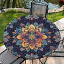 Round Tablecloth Stretch Round Fitted Tablecloth with Elastic, Boho Waterproof Table Cloth for 42"-46" Round Table, 48Inch