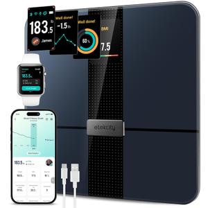 Etekcity Smart Scale for Body Weight Fat, Digital Bathroom Weighing Machine for Accurate BMI Muscle Mass Composition, Home Use Apple Health Compatible Fitness Equipment (11.9 x 11.9 x 0.95 inches, Color Screen-Black)