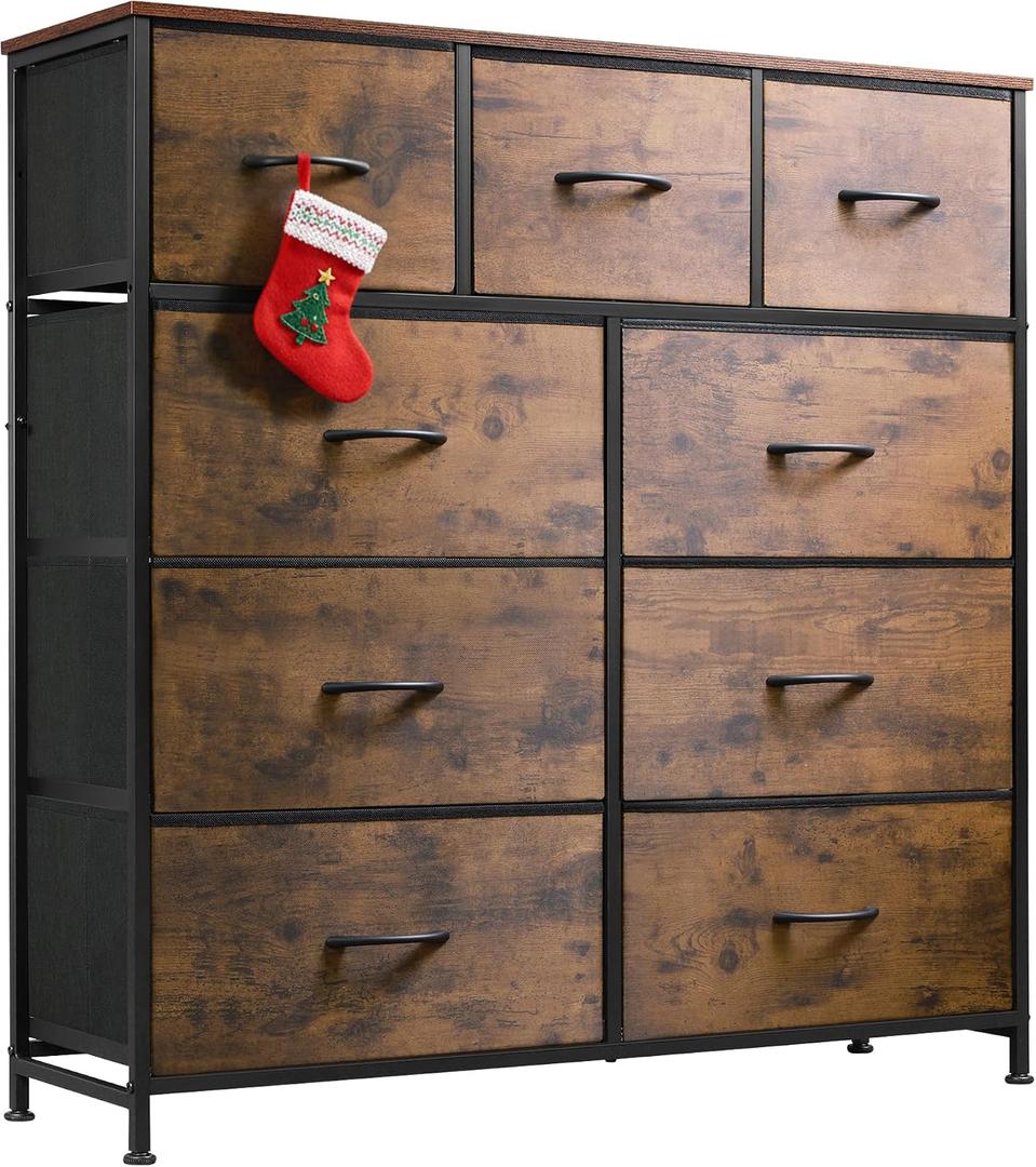 WLIVE 9-Drawer Dresser, Fabric Storage Tower for Bedroom, Hallway, Entryway, Closet, Tall Chest Organizer Unit with Fabric Bins, Steel Frame, Wood Top, Easy Pull Handle, Rustic Brown Wood Grain Print