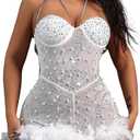 Sexy Feather Rhinestone Backless Mesh Sheer Burlesque Outfit Nightout Clubwear Birthday Party Dress (Medium, 027white)