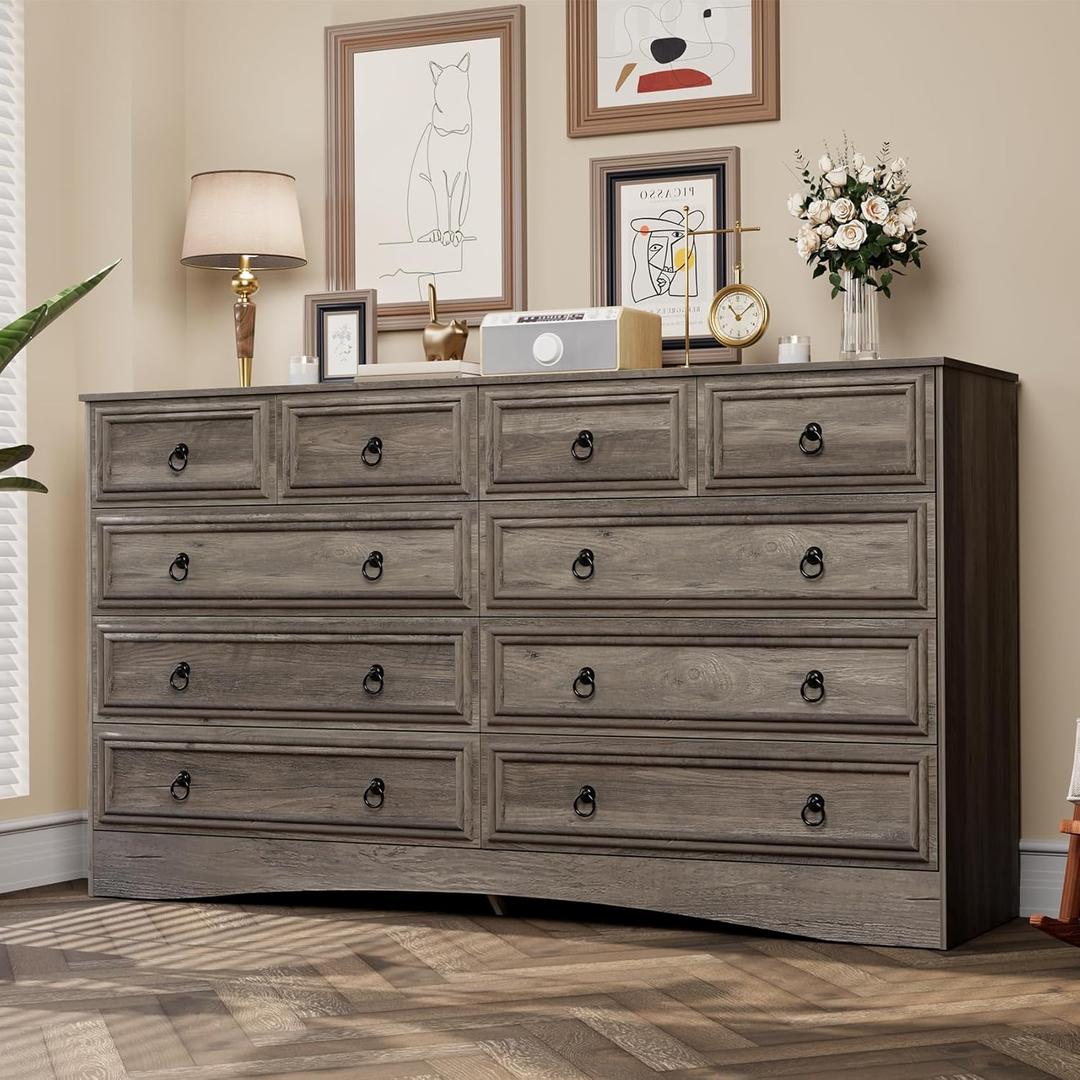 10 Drawers Dresser for Bedroom, 55.2 Inch Wide Large Dressers & Chests of Drawers, TV Stand for 65 inch, Storage Organizer Furniture, Hallway, Entryway, Closet, Brownish Grey