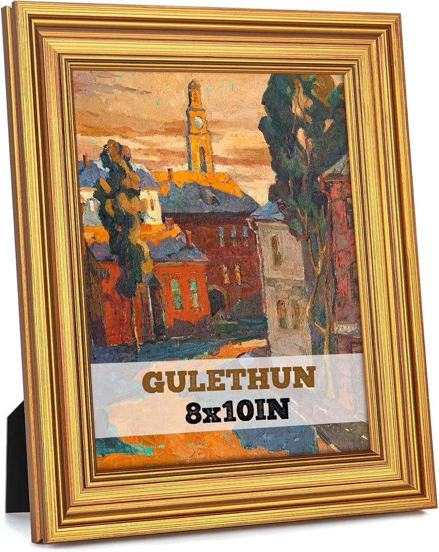 GULETHUN 8x10 Frame, Transitional Modern Design Picture Frames, 8 by 10 Rustic Poster Frame for Home Decor, Gold Vintage Photo Frame, Horizontal or Vertical Display, Choose Size & Color
