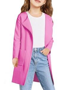Haloumoning Girls Open Front Cardigan Casual Long Sleeve Knit Sweater Kids Fall Solid Cute Outerwear Coat, 13-14Y, Pink