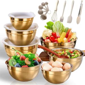 7 Pack Gold Mixing Bowls Set with 5 PCS Kitchen Accessories, Stainless Steel Nesting Mixing Bowls with Airtight Lids, Baking, Prepping and Serving Food, Stackable Size 7, 3.6, 2.7, 2.1, 1.5, 1.1, 0.8QT