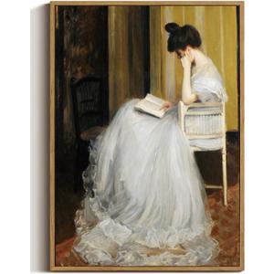 WALLZK Vintage Framed Wall Art Lady Reading Canvas Prints Victorian Women Portrait Decor Pictures Artwork for Walls Living Room Study Bedroom Bathroom 8"x10" (White dress)