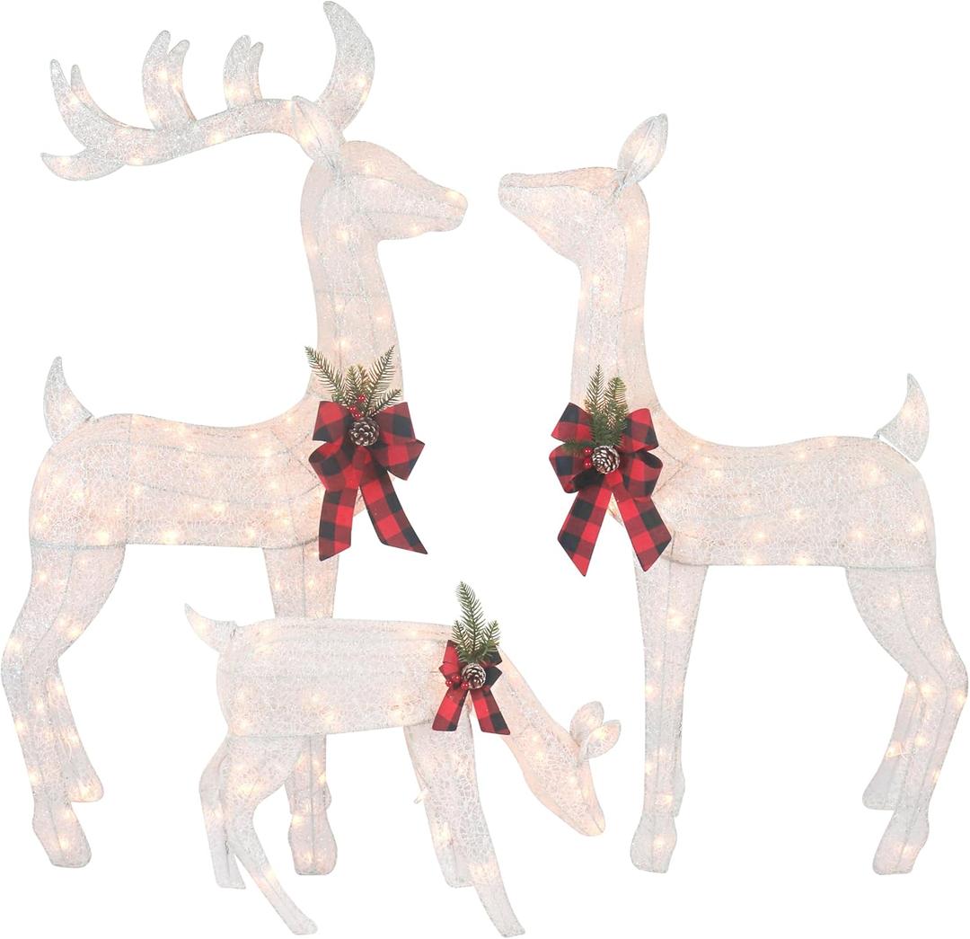3-Piece White Fabric Reindeer Family - Lighted Deer Set - 210 Lights 52" Buck 44" Doe 28" Fawn - Large Deer Family for Indoor or Outdoor Christmas Decorations Yard Art