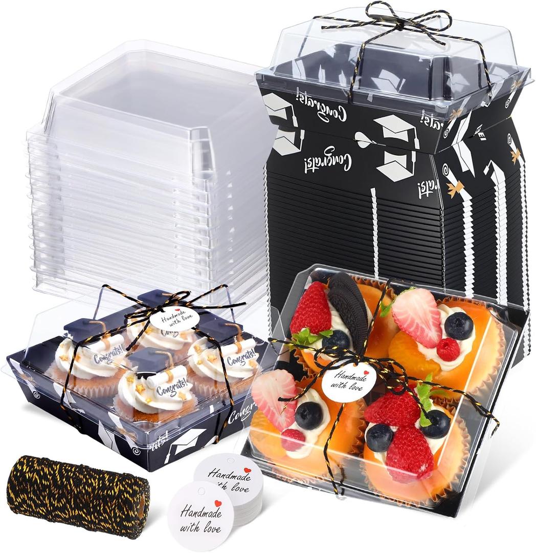 Outus 100 Pack Graduation Party Paper Food Containers Black Charcuterie Boxes with Clear Lids, 5.7 x 5.1 '' Graduation Party Supplies Cake Take out Bakery Boxes with Gift Tags Rope for Desserts Cake