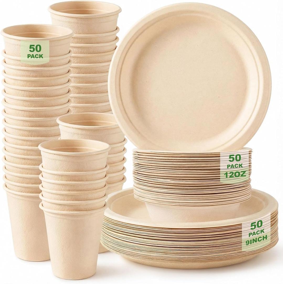 Havawish 150 Pcs Compostable Paper Plates and Bowls Cups Sets 9 Inch Disposable Plates 12 oz Biodegradable Paper Bowls and Cups for Dinner 50 Person Bulk Party Supplies