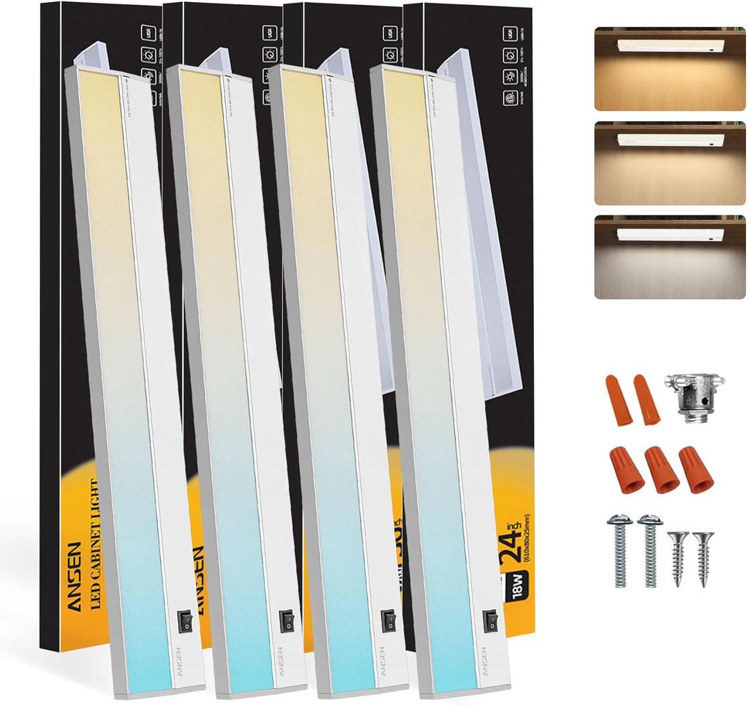 Ansen 4Packs of Under Cabinet Lighting Hardwired, 24IN 18W 1237LM, Dimmable Led Light for Kitchen/Bar/Closet, CRI>92, R9>90, 3 Color Temperature, 3000K/4000K/5000K(Warm White, Cool White, Daylight) Ansen 4Packs of Under Cabinet Lighting Hardwired, 24IN 18W 1237LM, Dimmable Led Light for Kitchen/Bar/Closet, CRI>92, R9>90, 3 Color Temperature, 3000K/4000K/5000K(Warm White, Cool White, Daylight)