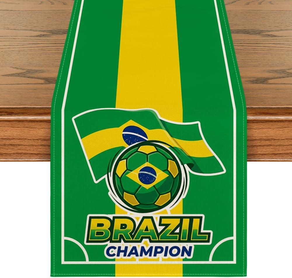 Artoid Mode Brazil Flag Champion Soccer Table Runner, Sport Boy Birthday Party Kitchen Dining Table Decoration for Home Decor 13x72 Inch