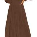 ZESICA Women's Casual Long Sleeve Crew Neck High Waist Smocked Flowy Tiered Midi Dress (Large, Coffee)
