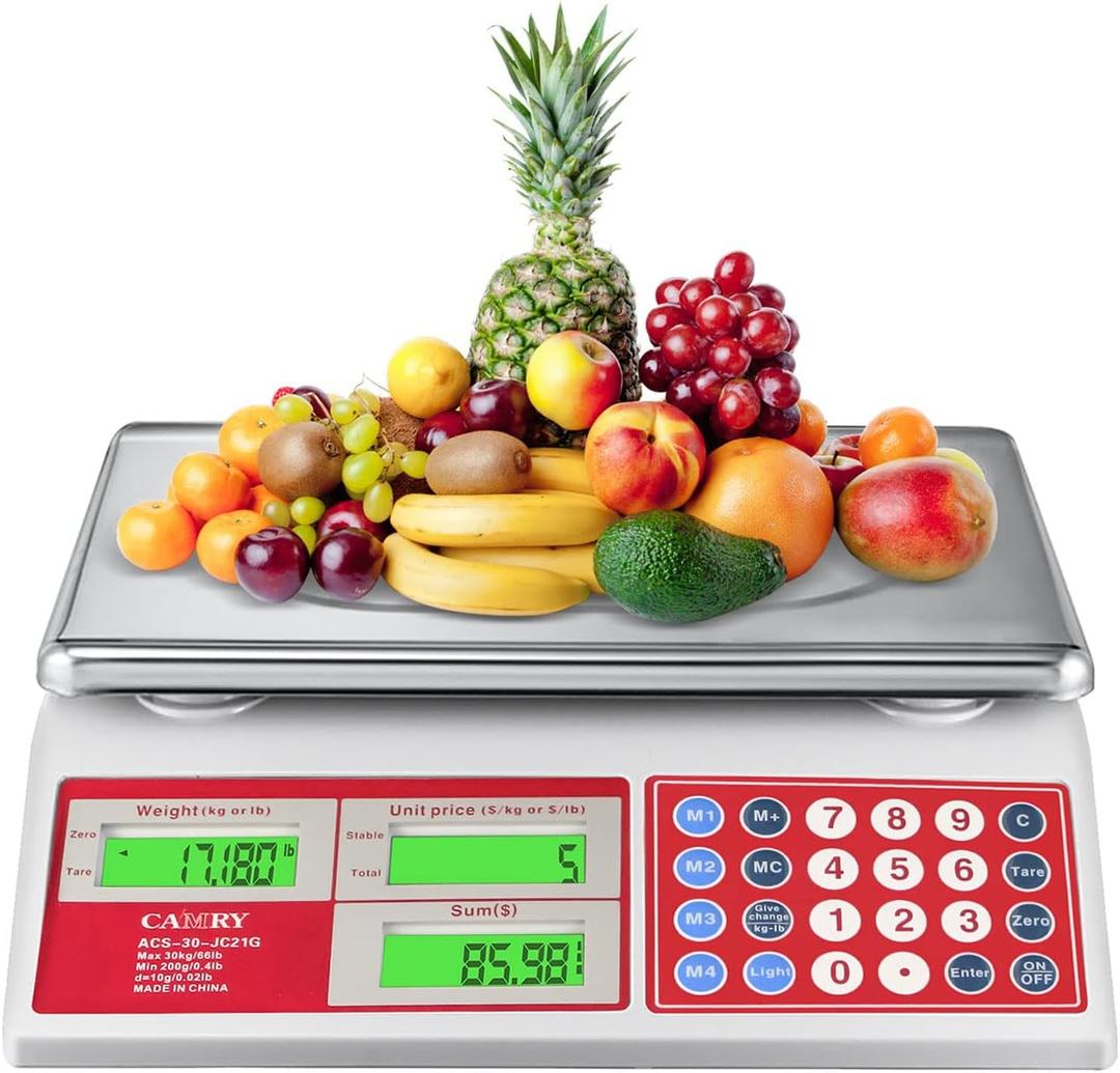 CAMRY Digital Price Computing Scale 66lb/30kg Commercial Produce Scale with Stainless Steel Platform and Green Backlight LCD Display for Meat, Fruit, Ideal for Deli, Farmers Markets, Restaurants