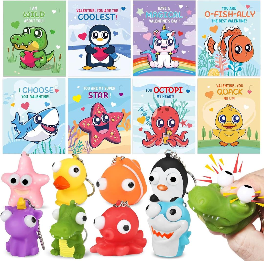 24 Pack Valentines Day Cards with Squeeze Animal Popping Eye Keychains, Valentines Cards for Kids, Fidget Toys for Classroom School Valentine's Gifts Exchange, Valentine's Party Favor Prizes for Kids