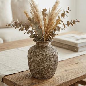 Brown Ceramic Vase - 7 Inch Rustic Textured Vase for Flower, Terracotta Farmhouse Vases for Home Decor, Coffee Table, Artificial Branches, Night Stand Decor