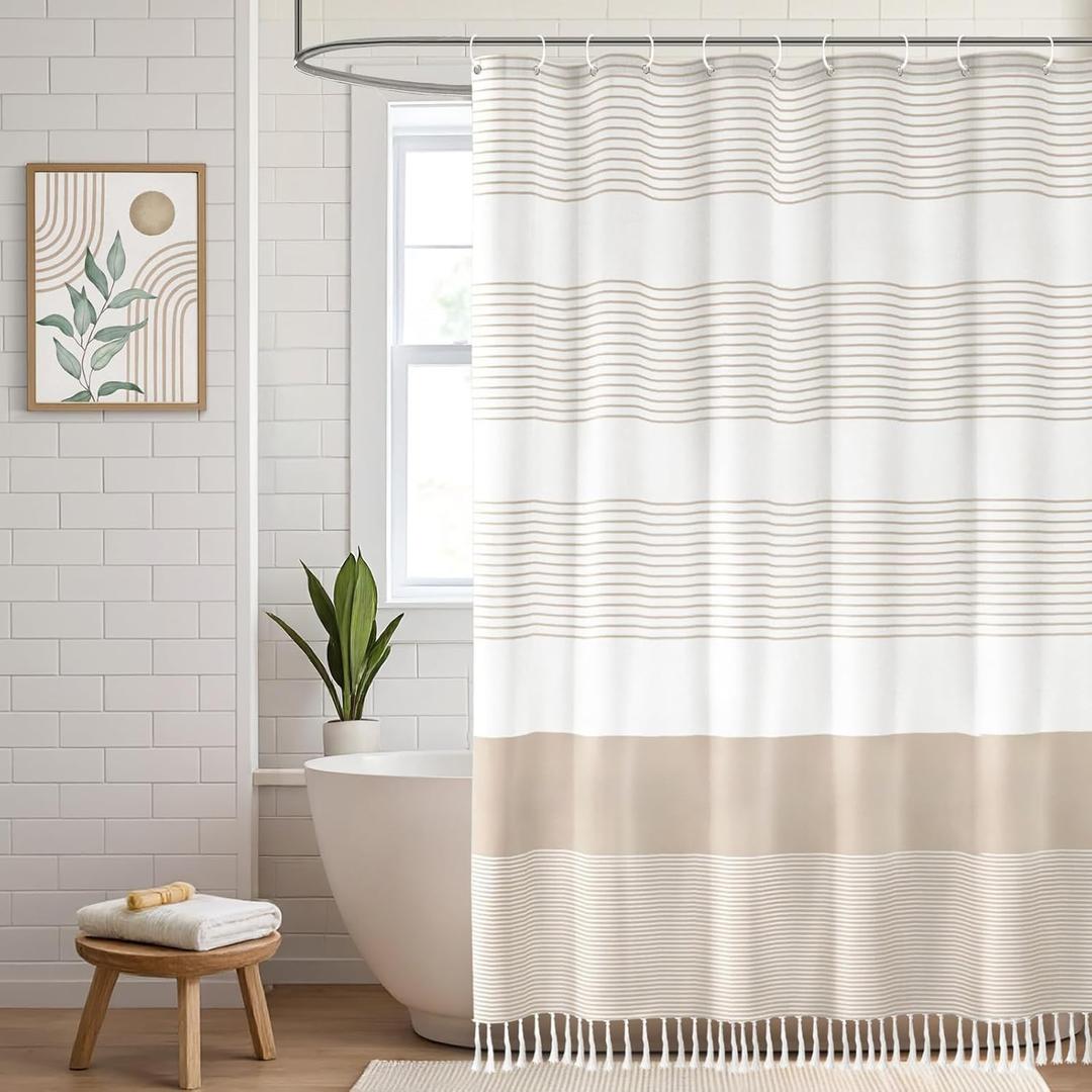 Boho Beige Shower Curtains for Bathroom Cotton Striped Shower Curtain with Tassel 72 X 72