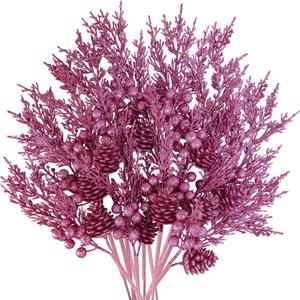 Winlyn 12 Pcs Christmas Artificial Pine Branches Pink Glittered Pine Needles with Pinecone and Berries Christmas Floral Picks 14.2" for Pink Christmas Tree Seasonal Wreath Swag Garland Wedding Bouquet