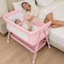 Bedside Bassinet for Baby, Easy to Assemble Portable Bassinet for Newborn with Storage Basket, Lockable Wheels & Soft Mattress, Adjustable Height Baby Bassinets Bedside SleeperPink, Crib