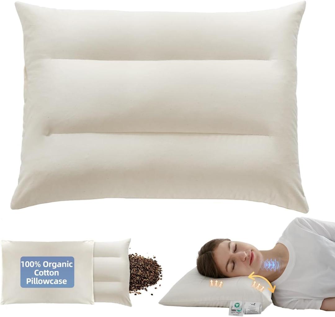 LOFE Buckwheat Pillow with Organic Cotton Pillowcase - 20''x26'' Organic Buckwheat Pillow with Baffle Box for Support, Adjustable Tartary Buckwheat Hull Pillows, Organic Buckwheat Neck Pillows