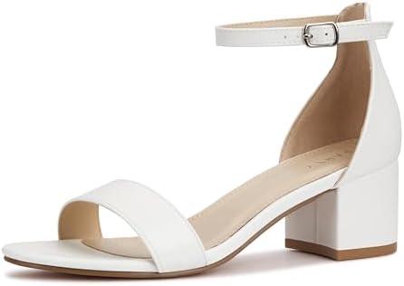 PARTY Women's Open Toe Ankle Strap Low Block Chunky Heels Sandals, White, Size 5.5