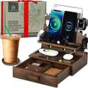 Wood Phone Docking Station for up to 3 Phones - Nightstand Organizer with Drawer for Valuables for Men & Women, Compatible with Apple Watch, Holds Phones, Tablets, Keys, Rings, Glasses, Watches & EDC (Brown)