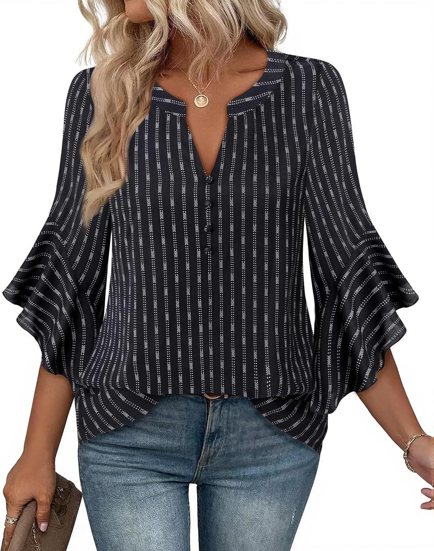 Bebonnie Womens Tops Dressy Casual Ruffle 3/4 Sleeve Henley V Neck Chiffon Blouses with Buttons (Black, XL)