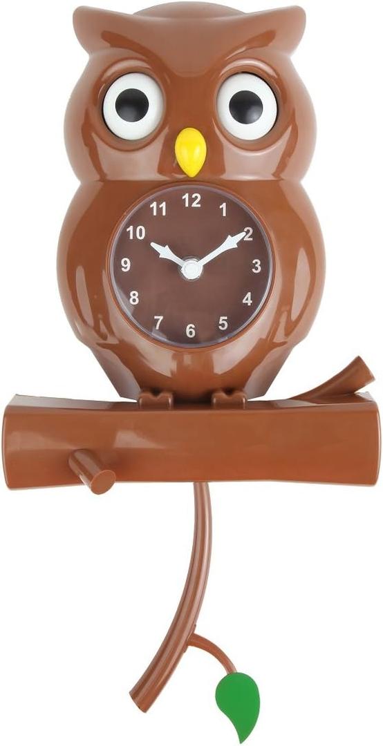Lily's Home Pendulum Owl Clock with Revolving Eyes and Swinging Branch, Battery Powered and Wall Mountable, Wonderful and Whimsical Addition to Themed Bedroom Dcor, Brown (15 Inches), Large