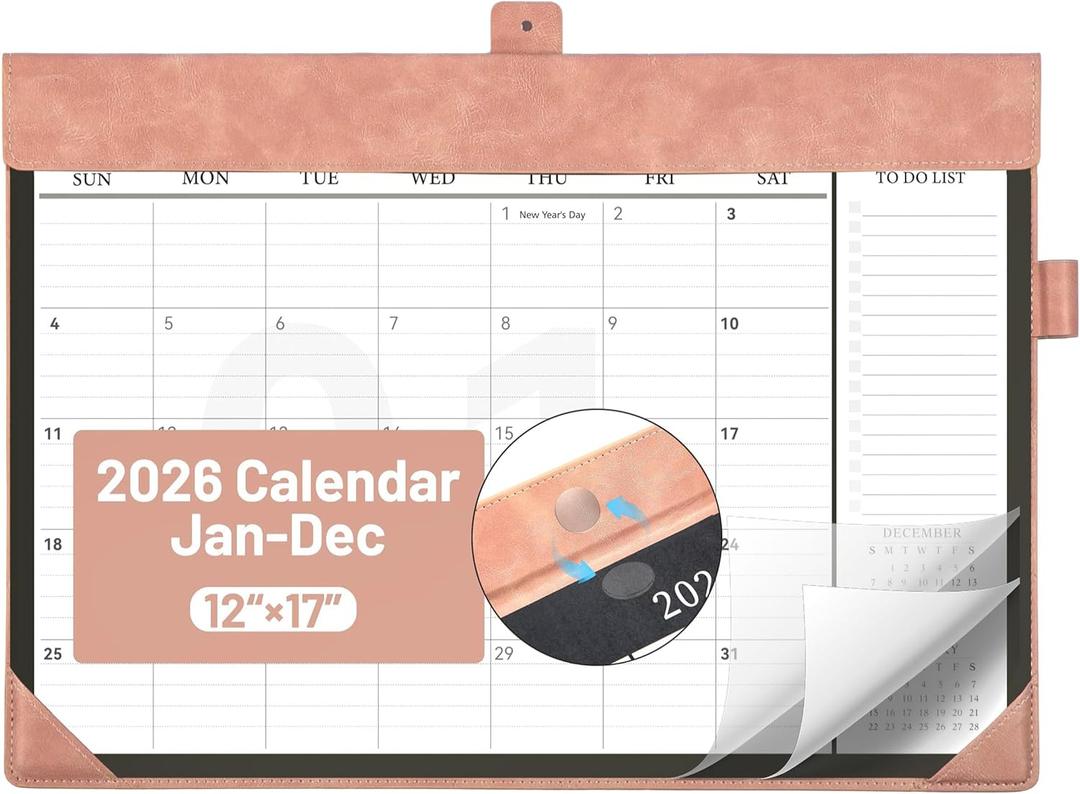 Desk Calendar 2026 Jan to Dec with Plastic Cover, Large Desktop Calendar 12"x17" with to-do List, Wall Calendar Leather Hard Back, Large Ruled Block, Monthly Flip, Desk Decor, Office Supplies, Pink