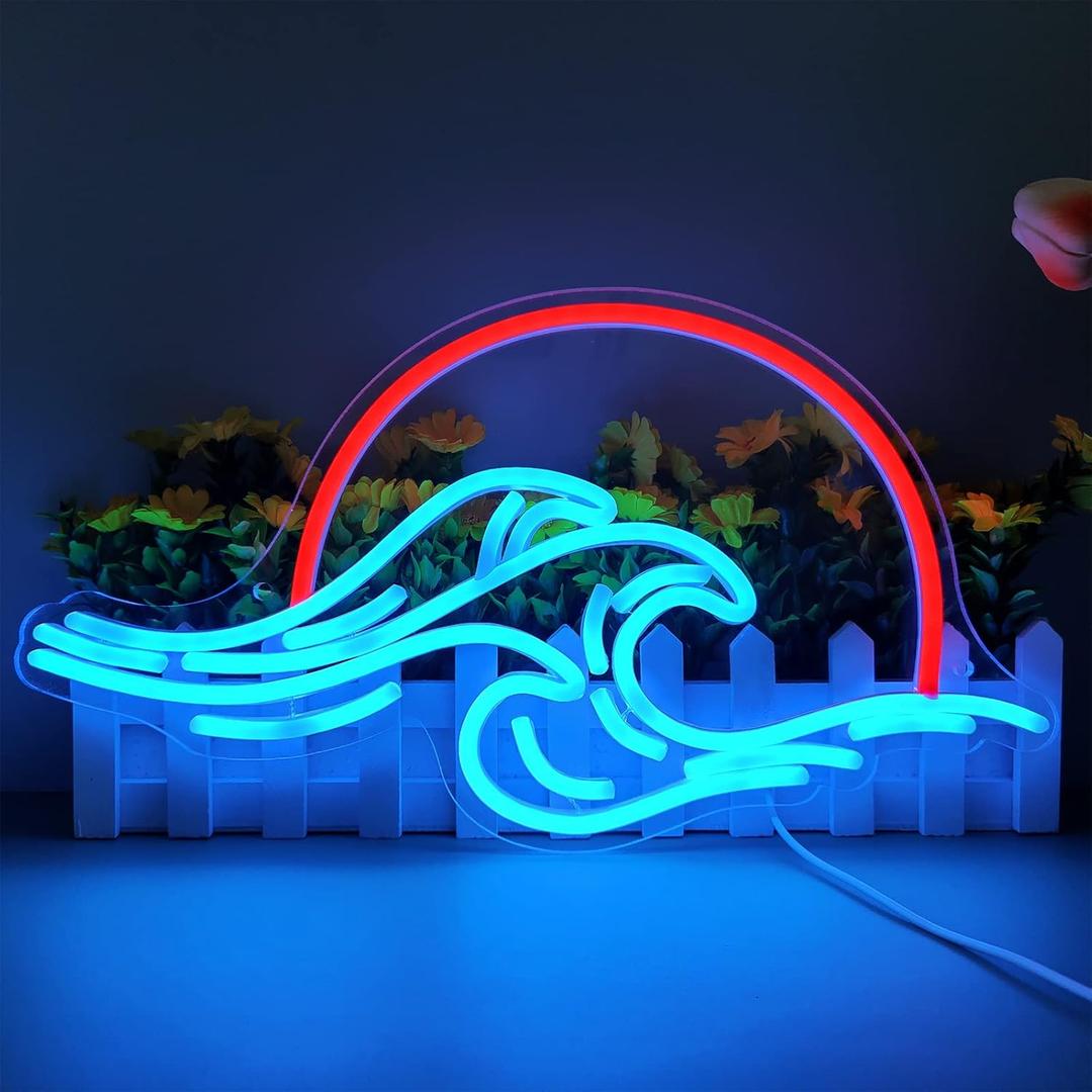Dleouly Sunset Neon Sign for Wall Decor, Wave Sign LED Light Sign for Bedroom Wall, Dimmable Neon Lights Signs for Man Cave Bedroom, Living Room, Party, Bar, USB Powered (8.8 * 16in)