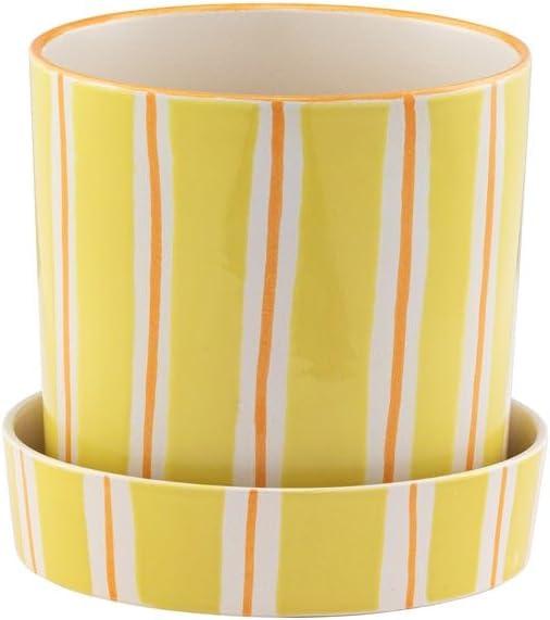 Napco House Plant Succulent Herb Flower Pot with Drainage and Saucer 7 x 7.75 Inch Ceramic Yellow and Orange Striped
