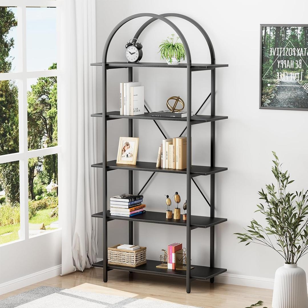 Arched Bookshelf 5 Tier Book Shelf, 31.5 Inch Width Industrial Arch Bookcase, Curved Tall Bookshelf with Open Shelves for Home Office, Living Room, Bedroom, Black