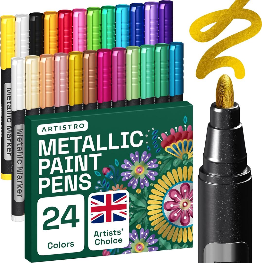 ARTISTRO 24 Metallic Markers with Medium Tip, Acrylic, Pre-Activated Pens for Kids & Adults, Metallic Markers for Black Paper, Rocks