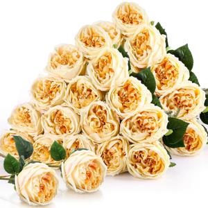 Giegxin 20 Pcs Real to Lifelike Peonies Austin Roses Artificial Flowers, Faux Look Real Long Stems Fake Flower with Big Blooms for Christmas Valentines Wedding DIY Arrangement Home Decor(Champagne)