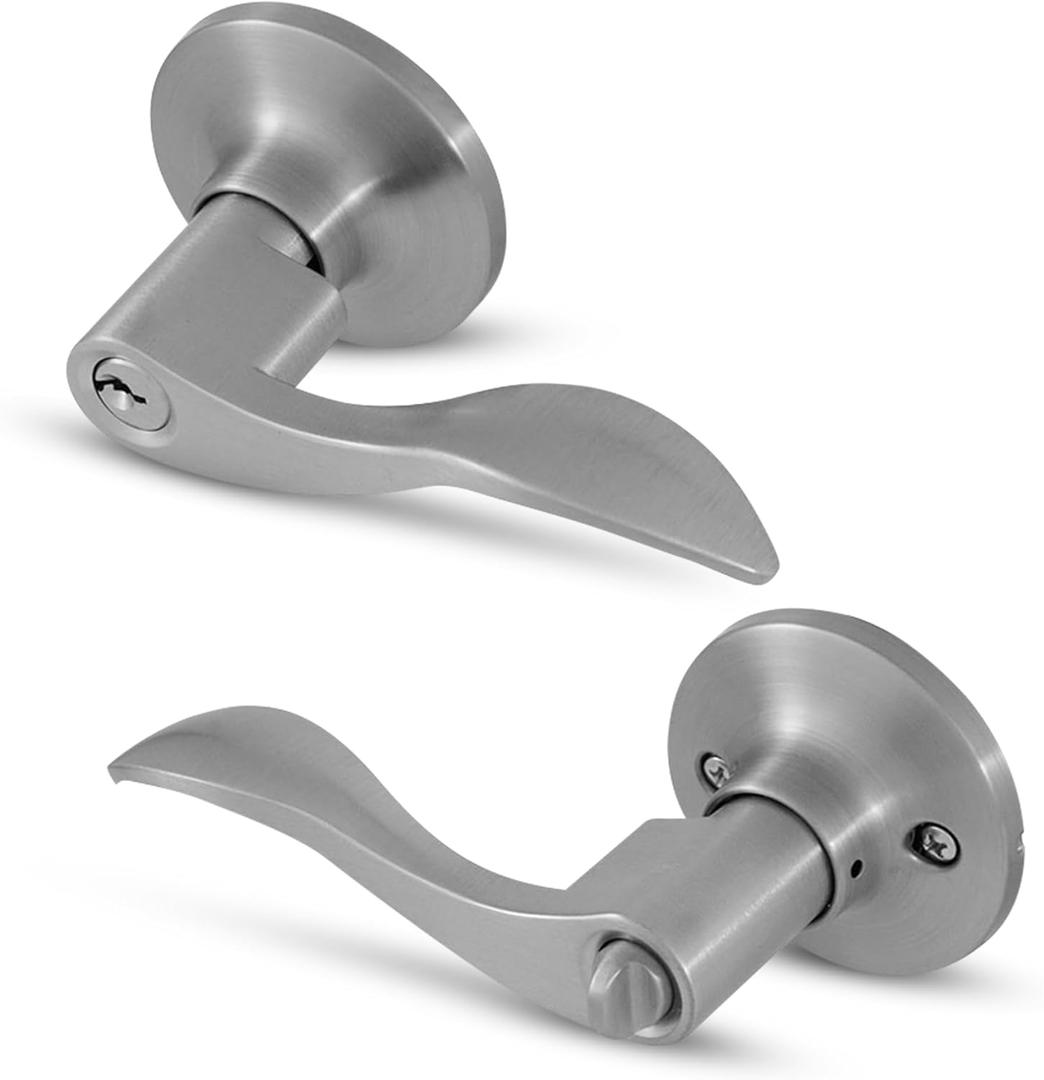 Honeywell Safes & Door Locks - Interior & Exterior Wave Lever Door Handle with Keys - Door Lever for Bedroom - Anti-Bump Resistant - Reversible for Right & Left Sided Doors - Satin Nickel - 8106301 (Satin Nickel)