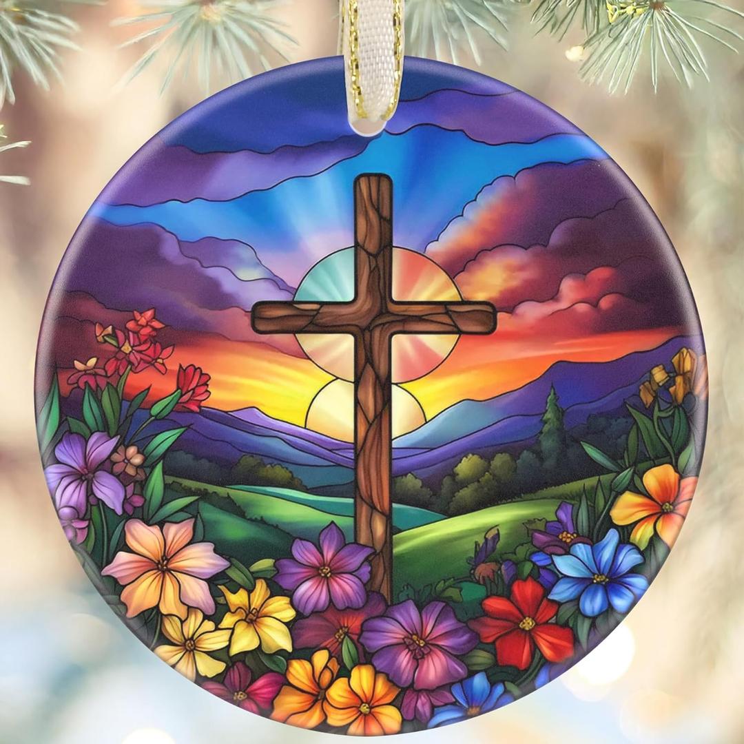 Cross Christmas Ornament, 3.5 Inch Ceramic Nativity Ornament, Christmas Tree Ornaments, Christian Gifts, Religious Gifts, Gifts for Christmas, Perfect for Holiday Party, Tree, Window (Cross Spring Flower)