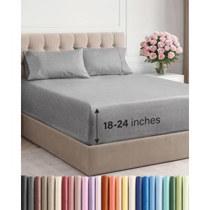 Extra Deep Queen Sheet Set - 4 Piece Breathable & Cooling Bed Sheets - Easily Fits 18 - 24 inch Mattress - Ultra Soft, Wrinkle & Fade Free w/ Extra Deep Pockets - Hotel Luxury Bedding - Heathered Grey