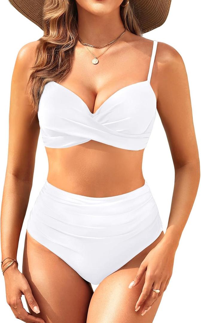 Aqua Eve Women Underwire Bikini High Waisted Bathing Suit Tummy Control Two Piece Swimsuit (Medium, White)