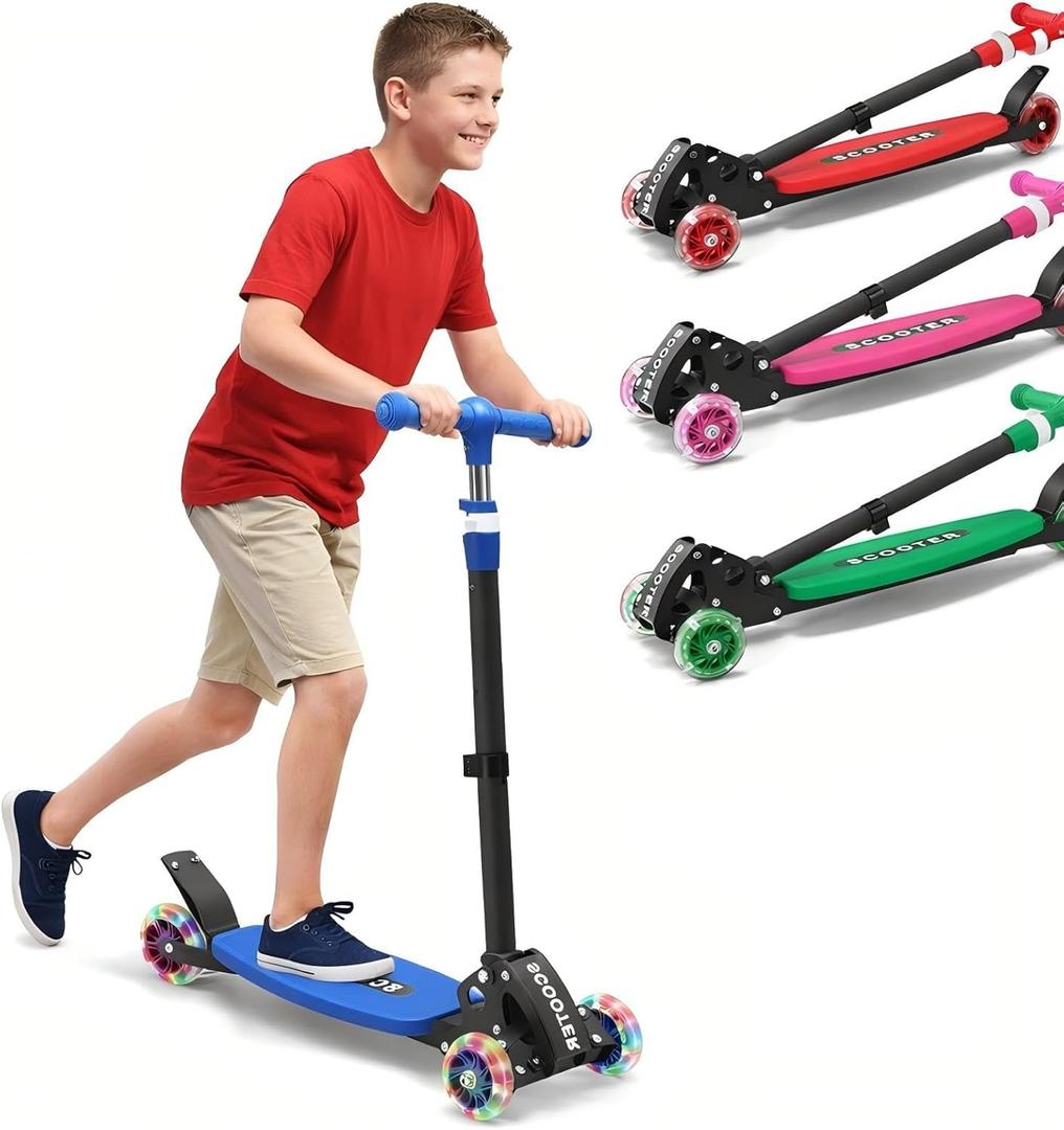 3 Wheel Kids Kick Scooter for Ages 3-12, Lean-to-Steer, Light-Up Wheels, 3-Level Adjustable Handlebar 27.5-33, Wide Non-Slip Deck, Dual Rear Brake,Travel Foldable, for Boys & Girls Toy Gifts