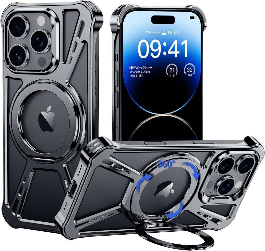 X Case for iPhone 14 Pro Case 6.1",with Kickstand 360Rotatable Magnetic Ring Stand,[Compatible with MagSafe] Shockproof Aluminum Metal Phone Case Slim & Light Phone case,Gray (Black)