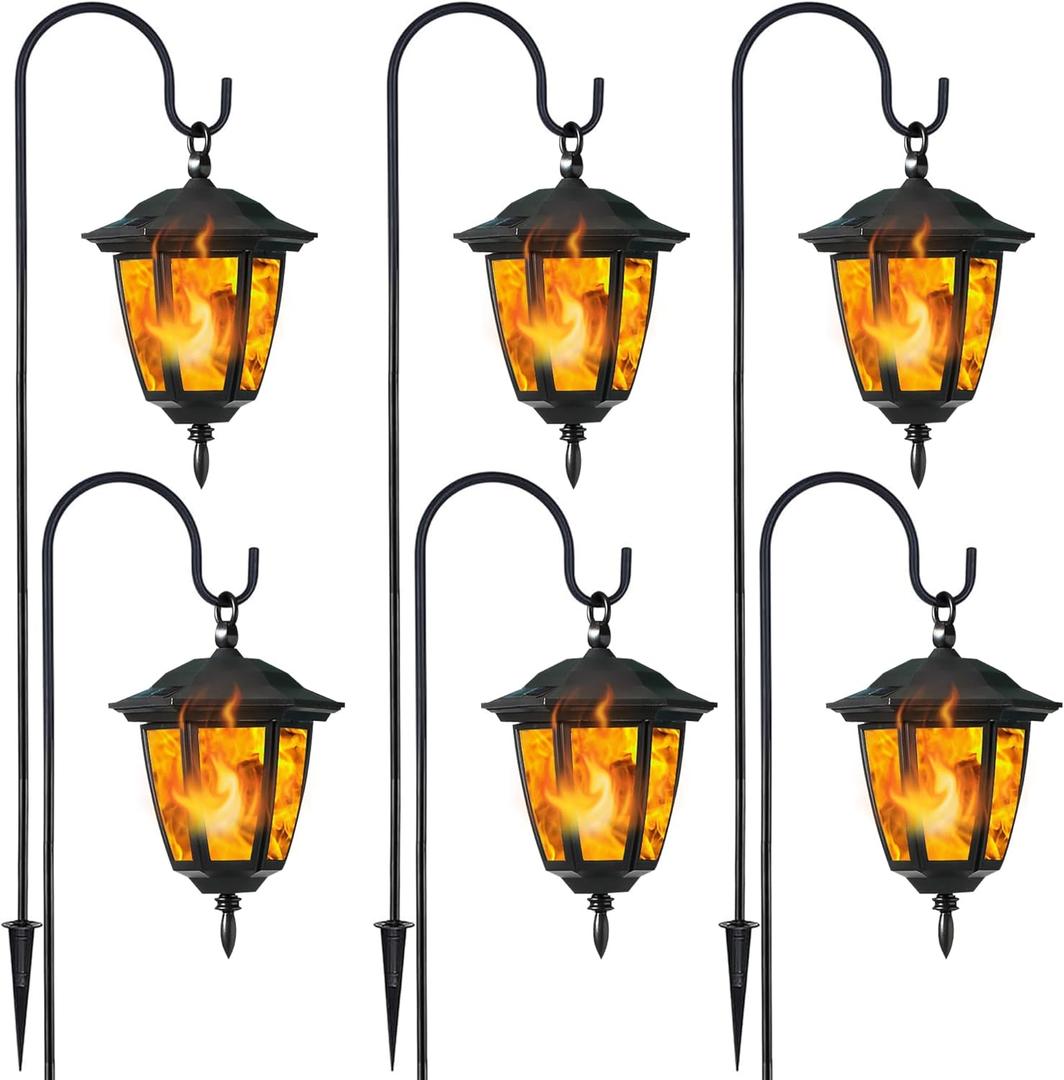 Dynaming 6 Pack Solar Flame Hanging Lights Outdoor, Halloween Solar Flickering Flame LED Garden Lanterns with 6 x 38 Inch Shepherd Hooks, Christmas Lighting for Lawn Patio Yard Pathway Driveway (Warm White)