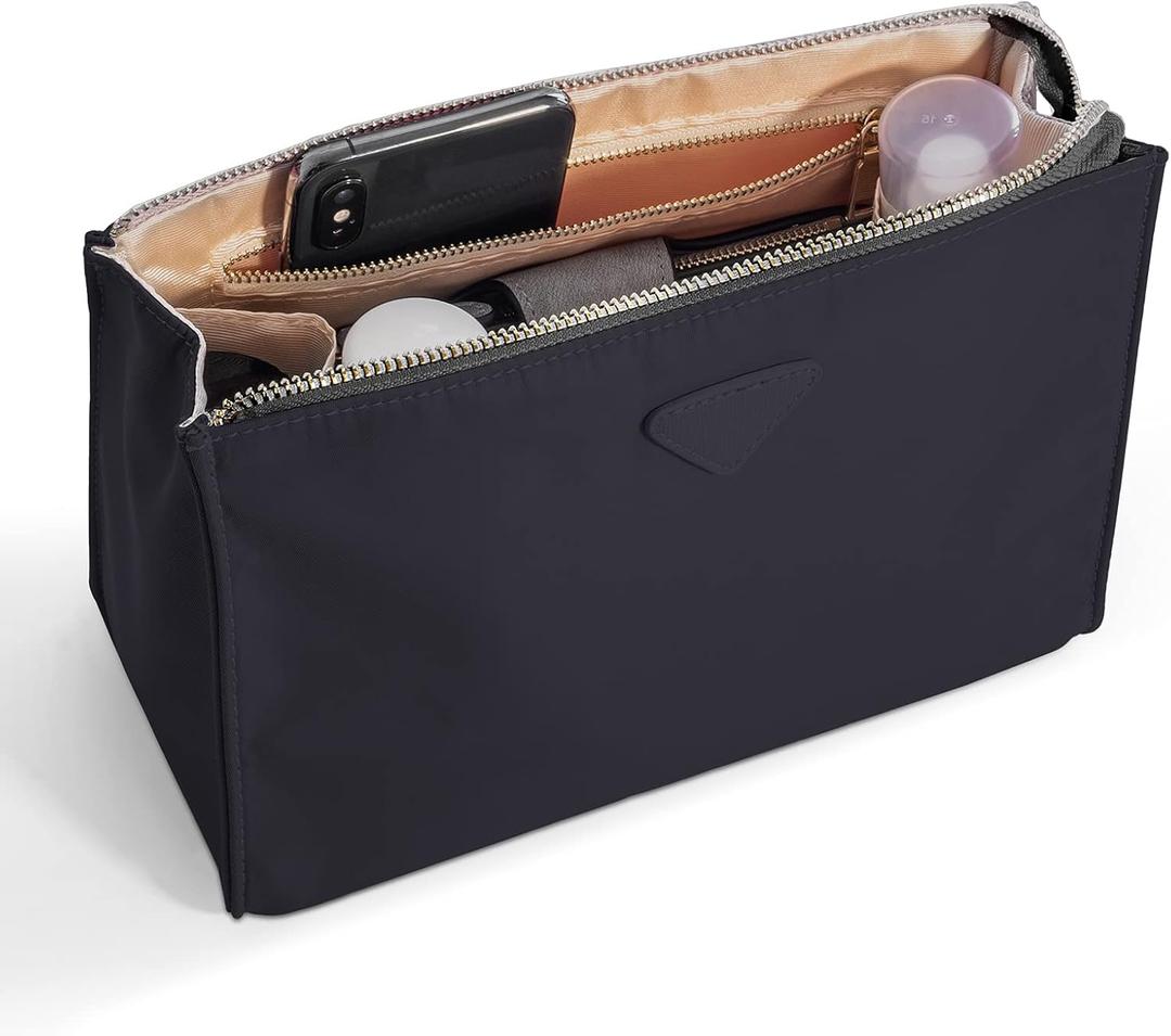 Vercord Nylon Purse Organizer Insert for Hangbags Comestic Storage Toiletry Kit Bag in Bag with Zipper Pocket Black, Small