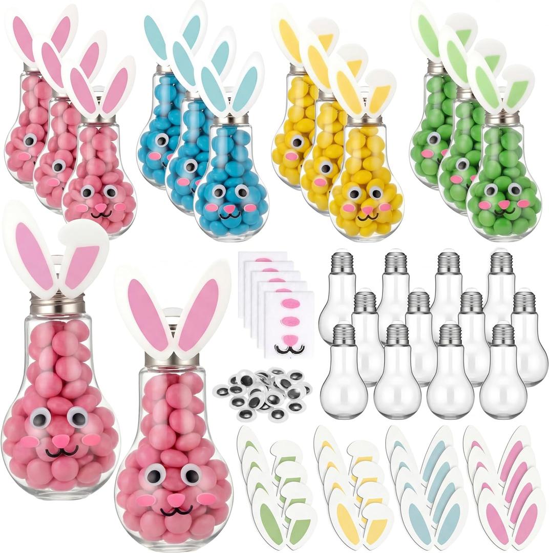 LemonRoad 172 Pcs/24 Sets Easter Craft Kit, DIY Bunny Easter Candy Containers, Fillable Plastic Light Bulb Candy Jar Kit Lightbulb Ornaments for Party Favors Home Activities Spring Gift