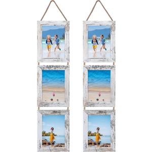 Lavezee 5x7 Collage Hanging Triple Picture Frames Set, 6 Opening Distressed White Vertical Frame Made to Display 5 by 7 Inch Photo Prints for Wall Decor