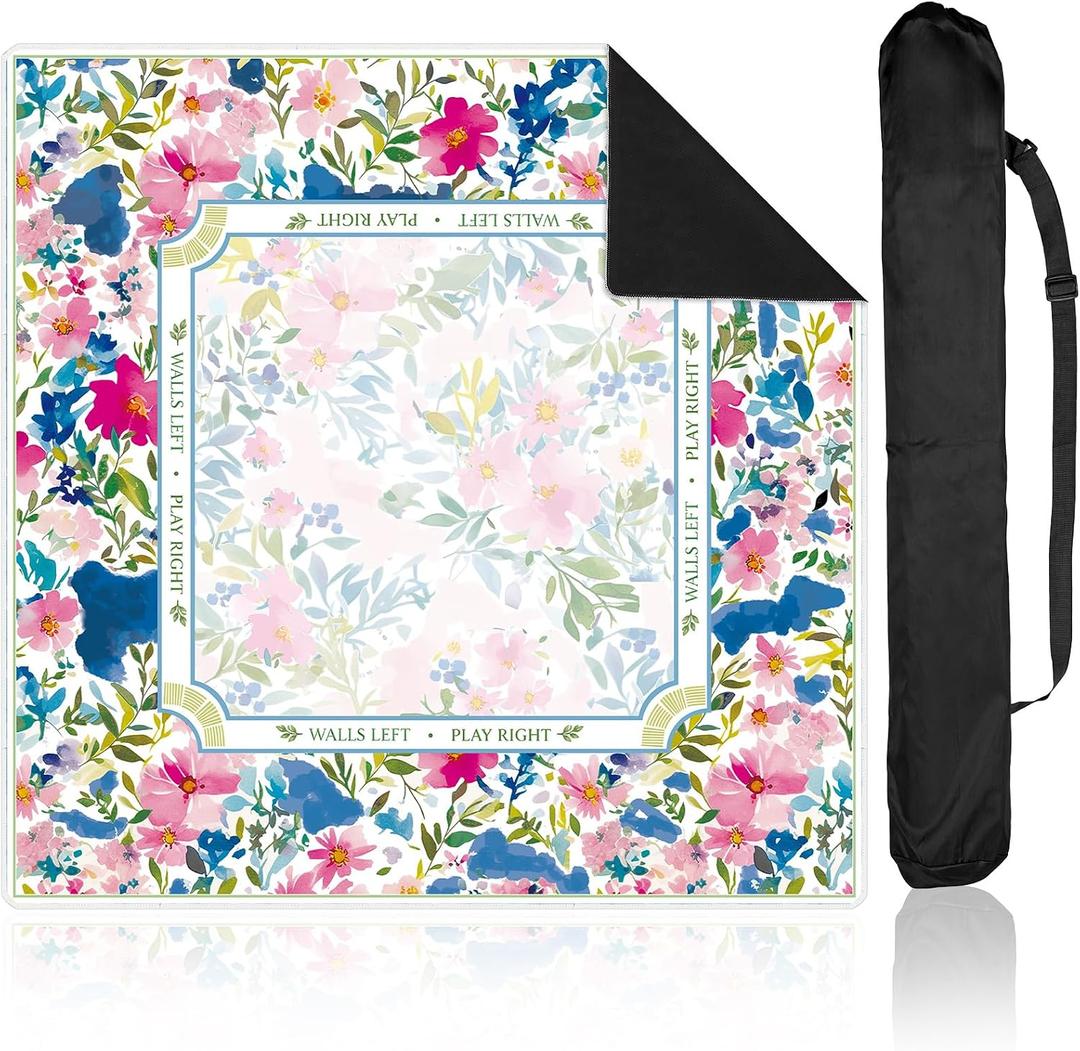 Colorful Floral Mahjong Mat with Carrying Bag 31.5" x 31.5" Non Slip Noise Reduction Table Cover Chinoiserie Blue Pink Floral Mahjong Mat for American Poker Card Board Dominoes Tile Games Gifts