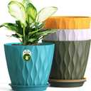 8 Inch Wave Plant Pots with Drainage Holes & Saucers, 4 Pack Modern Textured Medium Planters for Indoor Outdoor Plants, Decorative Flower Pots Repotting Set for Flowers, Herbs (Multicolor)