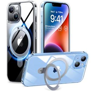 TORRAS Ultra Magnetic Ostand for iPhone 13/ iPhone 14 Case [Fit for MagSafe] [Sturdy Stand & Ring Holder] Military-Grade Shockproof Anti-Scratch Slim Protective Kickstand Phone Case, Crystal Clear