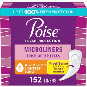 Poise Daily Microliners, Incontinence Panty Liners for Bladder Leaks, 1 Drop Lightest Absorbency, Long Length, 152 Count of Pantiliners (4 Packs of 38)