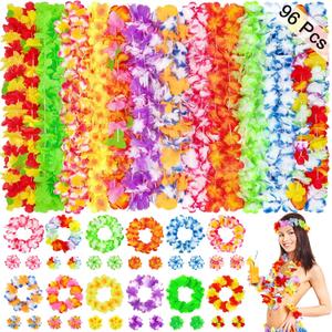 96 Pcs Hawaiian Leis for Luau Party Decorations, Tropical Themed Silk Hawaiian Flowers Leis Bulk Necklace Headband Wristband for Summer Beach Birthday Vacation Hula Dance Party Favors Supplies Decor