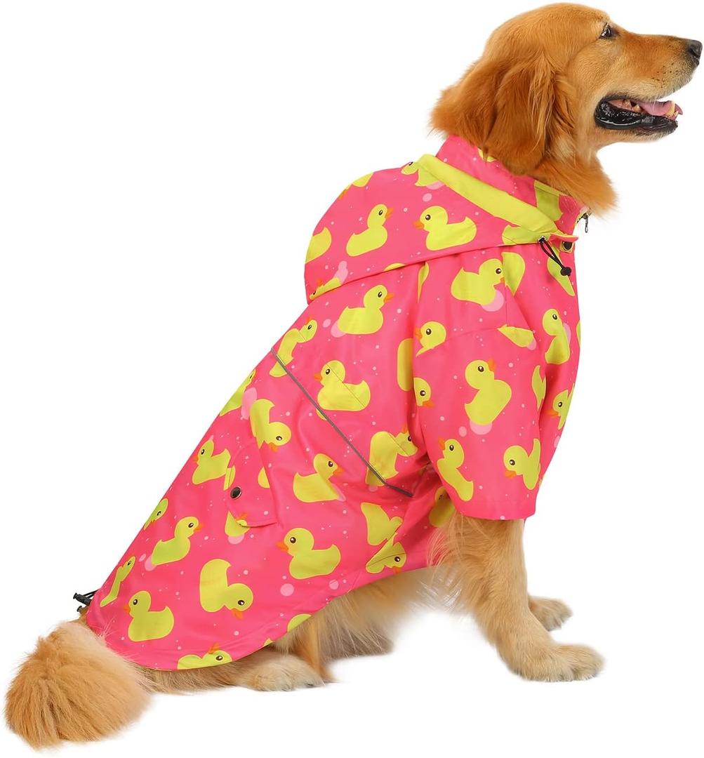 HDE Dog Raincoat Poncho Double Layer Zip Rain Jacket with Removable Hood, Leash Hole for Small to 3XL Dogs and Puppies Ducks Pink - 2XL (XX-Large)