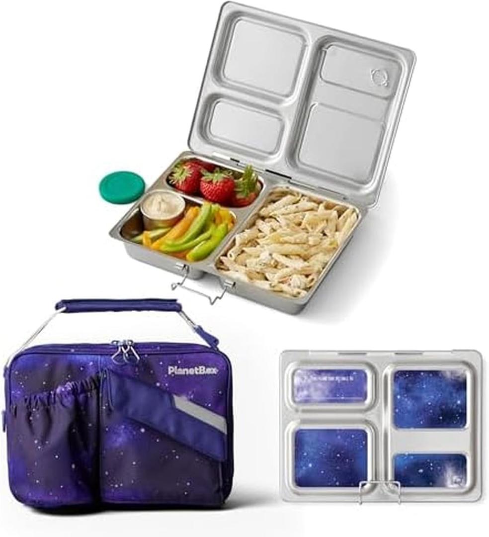 PlanetBox Launch Stainless Steel Bento Box Style Lunch Box Kit for Kids and Teens with 3 Compartments  Stardust Edition includes Insulated Lunch Bag, Leakproof Food Containers and Matching Magnets